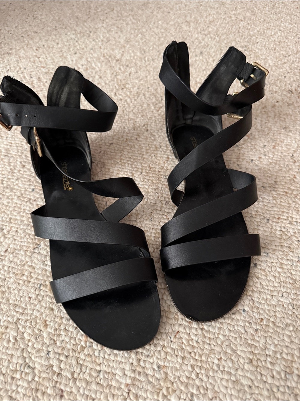 Shoe Dazzle Black Strappy Wrap-Around Flat Sandals
